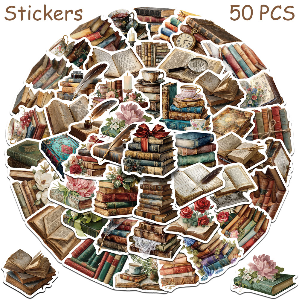 50 قطعة ملصقات كتب عتيقة للابت - مراجعة Vintage Collectible Books وسعره